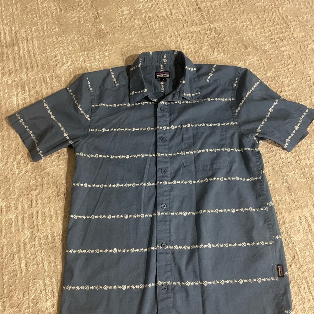 Patagonia Button Up Shirt Organic Cotton Hemp Leaf Print Short Sleeve Blue Men S